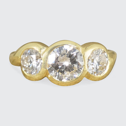 1.75ct Diamond Chunky Bezel Set Three Stone Ring in 18ct Yellow Gold - Wharfedale Antiques