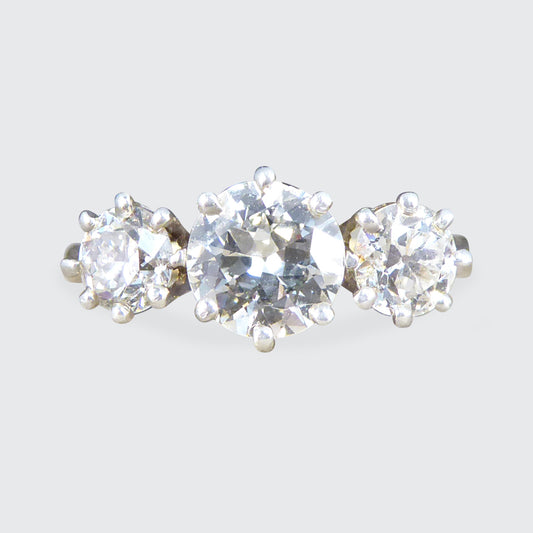C1920's Diamond Three Stone 1.57ct Diamond Ring in 18ct Yellow Gold and Platinum - Wharfedale Antiques