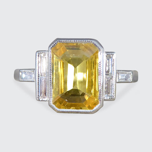 Art Deco Style Yellow Sapphire and Baguette Cut Diamond Ring in Platinum