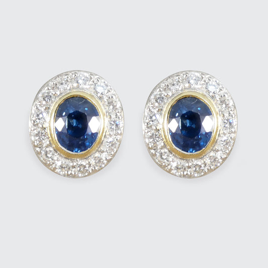 Oval Cut Sapphire and Diamond Cluster Stud Earrings in 18ct Gold