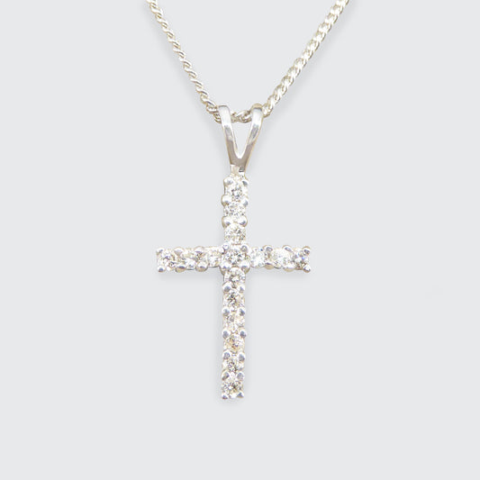 Diamond Cross Necklace in 18ct White Gold on 16inch 18ct White Gold Chain - Wharfedale Antiques
