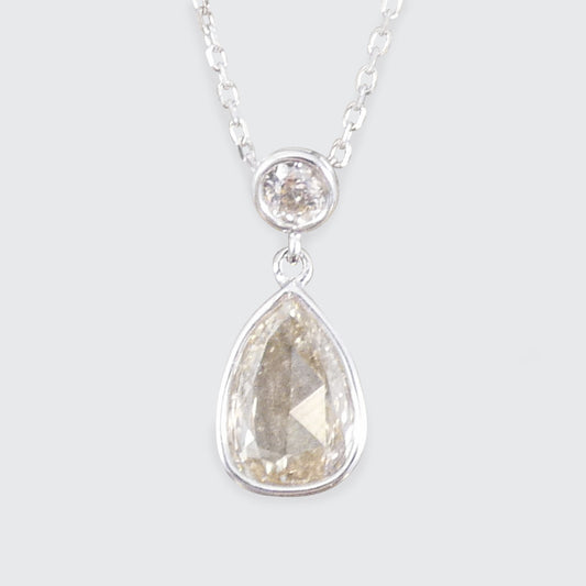 Unique modified rose cut Diamond and brilliant cut drop necklace in 18ct White Gold.