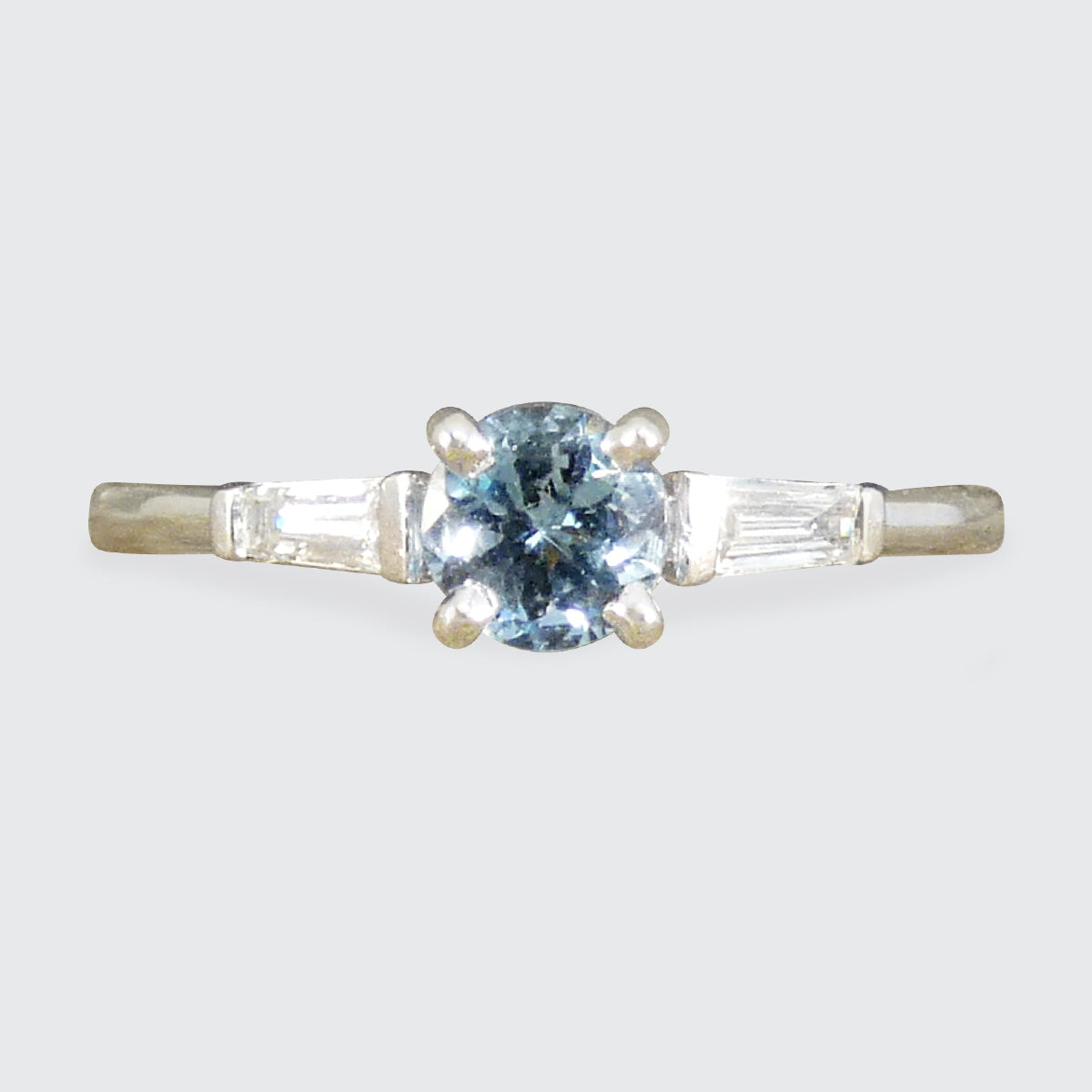 Aquamarine Solitaire with Tapered Baguette Diamond Shoulders in 18ct White Gold - Wharfedale Antiques