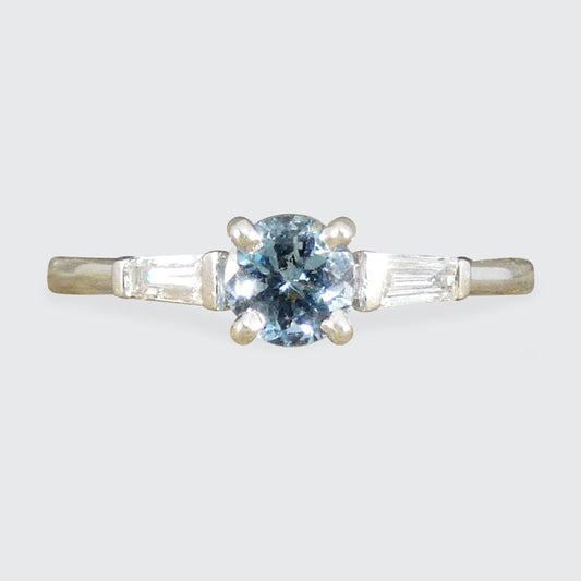 Aquamarine Solitaire with Tapered Baguette Diamond Shoulders in 18ct White Gold - Wharfedale Antiques