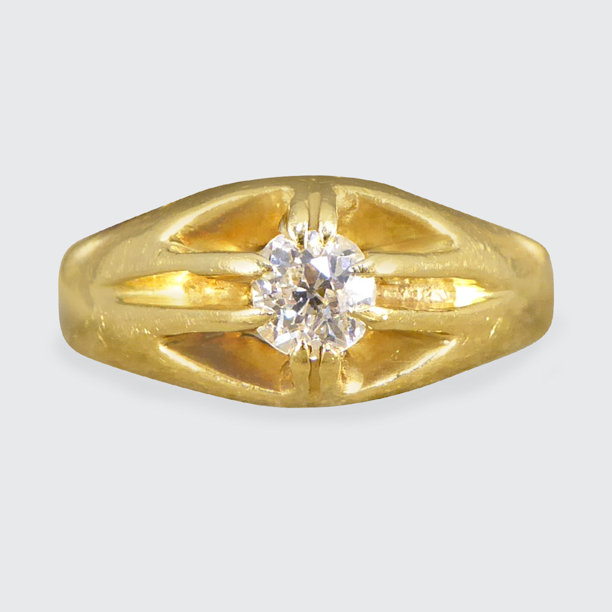 Late Victorian Old Cushion Cut Diamond Belcher Set Ring in 18ct Yellow Gold