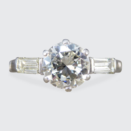 Art Deco 1.20ct Diamond Solitaire Engagement Ring with Baguette Cut Shoulders in Platinum