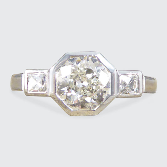 Old European and French Cut Diamond Octagon Design Three Stone Ring in Platinum - Wharfedale Antiques