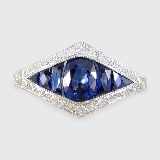 Art Deco Style Sapphire and Diamond Cluster Ring Platinum