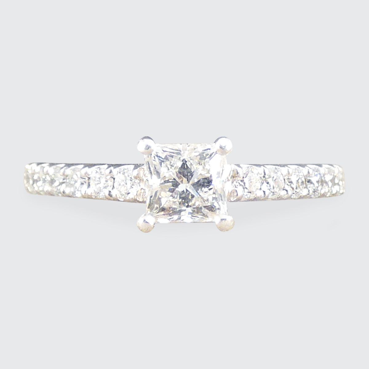 Princess Cut Diamond Solitaire Engagement Ring with Diamond Set Shoulders in Platinum - Wharfedale Antiques