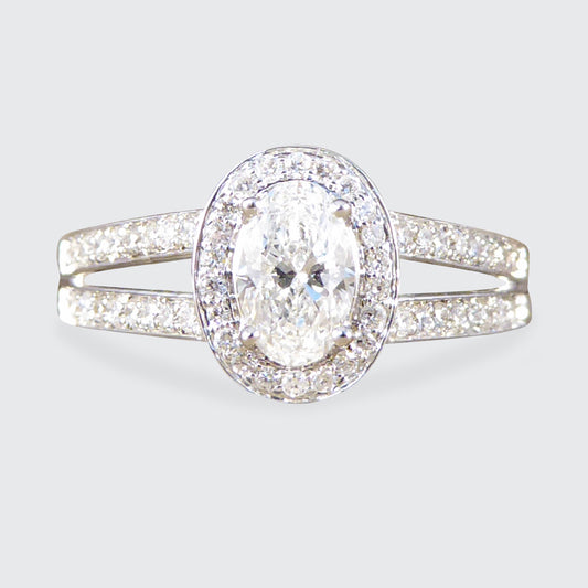 Oval Cut Diamond Cluster Ring with Diamond Set Double Strand Shoulders in 18ct White Gold - Wharfedale Antiques