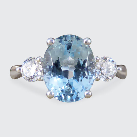 Classic 1.93ct Oval Cut Aquamarine and Diamond Three Stone Ring in Platinum - Wharfedale Antiques