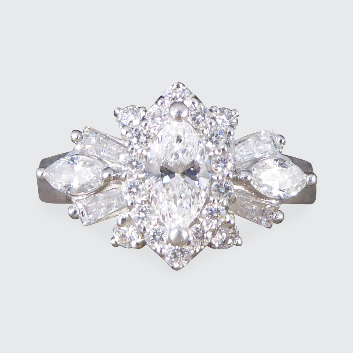 Contemporary 1.00ct Diamond Marquise Cluster Dress Ring in Platinum - Wharfedale Antiques
