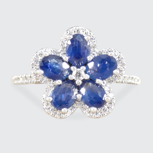 Sapphire and Diamond flower cluster ring in 18ct white gold