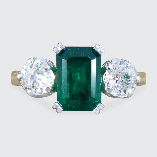 Edwardian Emerald and Diamond Trilogy Three Stone Ring in 18ct Yellow Gold and Platinum - Wharfedale Antiques