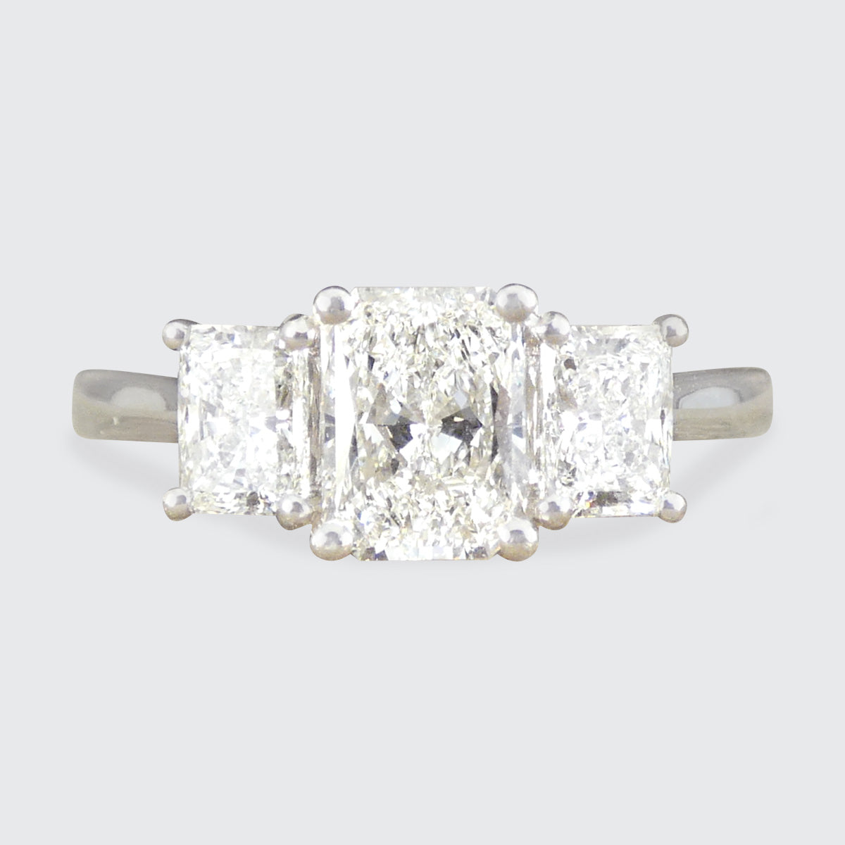 1.43ct Radiant Cut Diamond GIA Cert F/VS Three Stone Ring in Platinum - Wharfedale Antiques