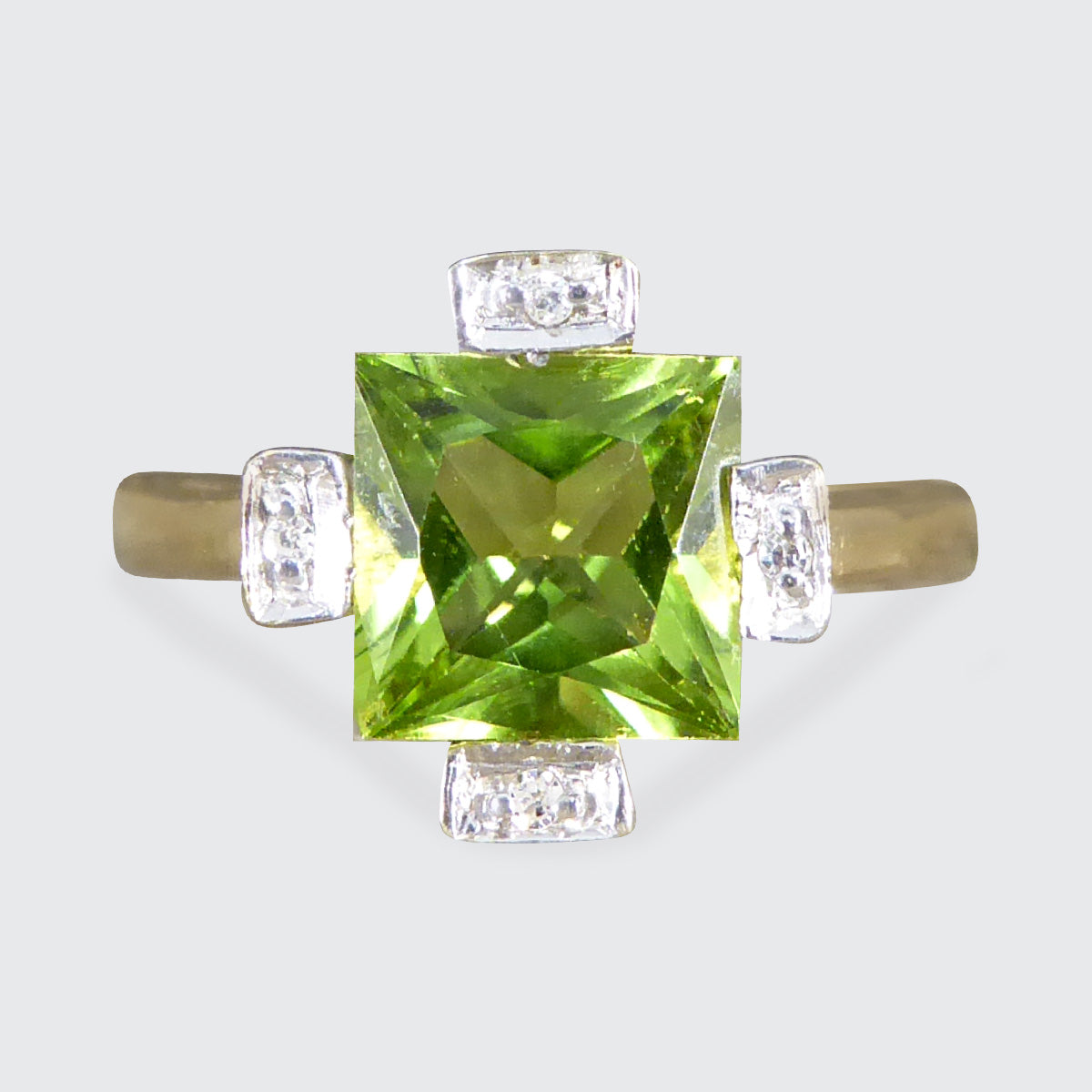 Vintage Peridot and Diamond Geometric Ring in Yellow Gold - Wharfedale Antiques