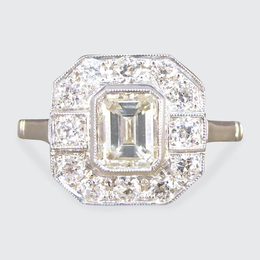 Art Deco Inspired Emerald Cut Diamond Cluster Ring in Platinum