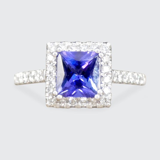 Tanzanite and Diamond square cluster ring with diamond shoulders in platinum