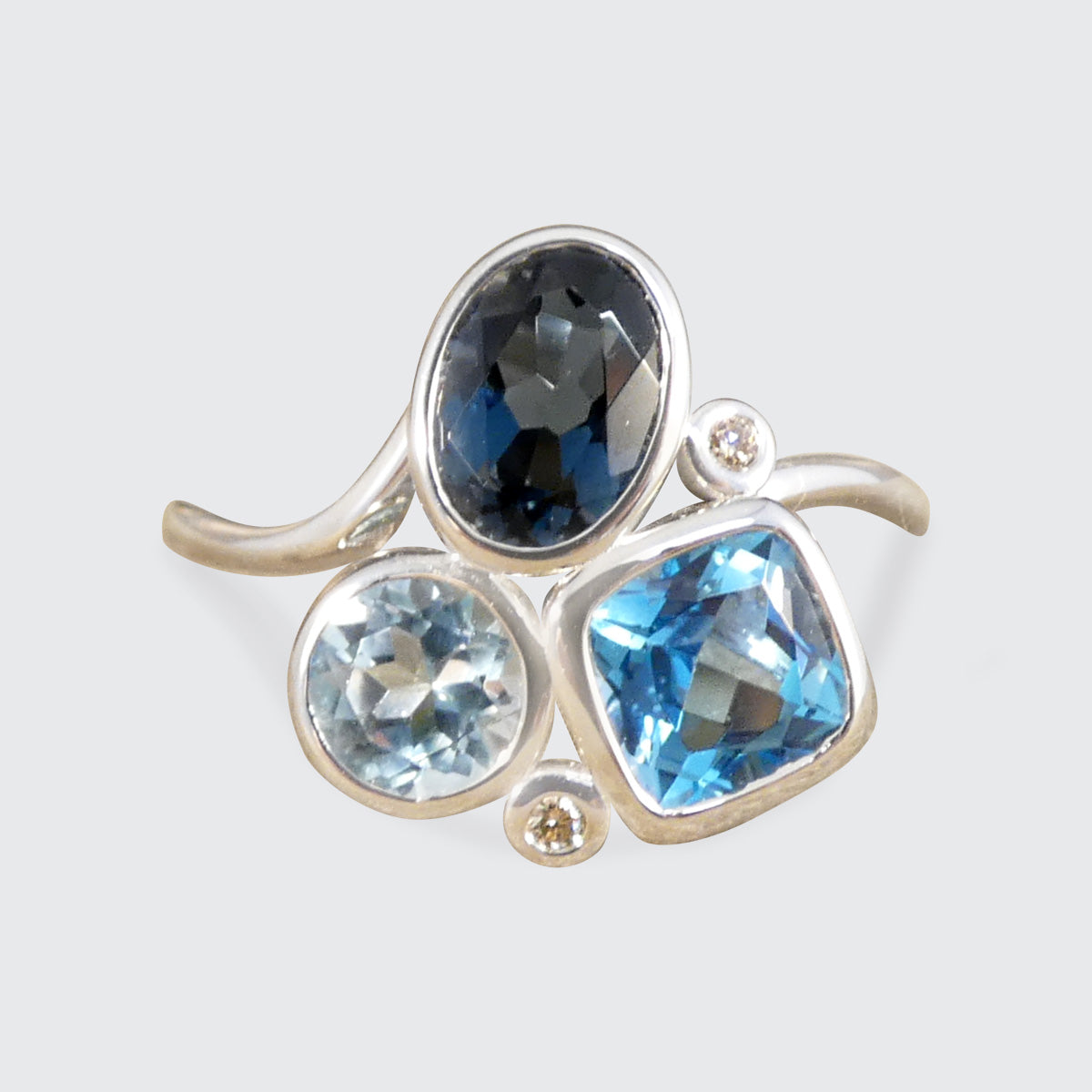 Trio of Blue Topaz and Diamond Cocktail Ring in White Gold - Wharfedale Antiques