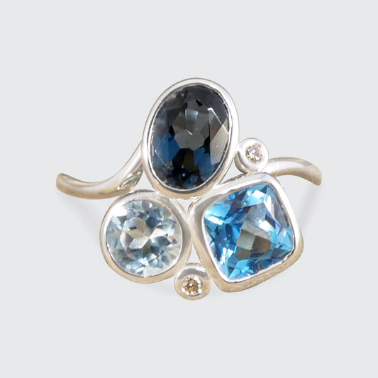 Trio of Blue Topaz and Diamond Cocktail Ring in White Gold - Wharfedale Antiques