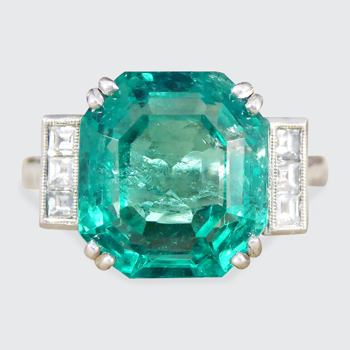 Bright 6.19ct Octagonal Cut Columbian Emerald and Diamond Ring in Platinum with Gem Cert - Wharfedale Antiques