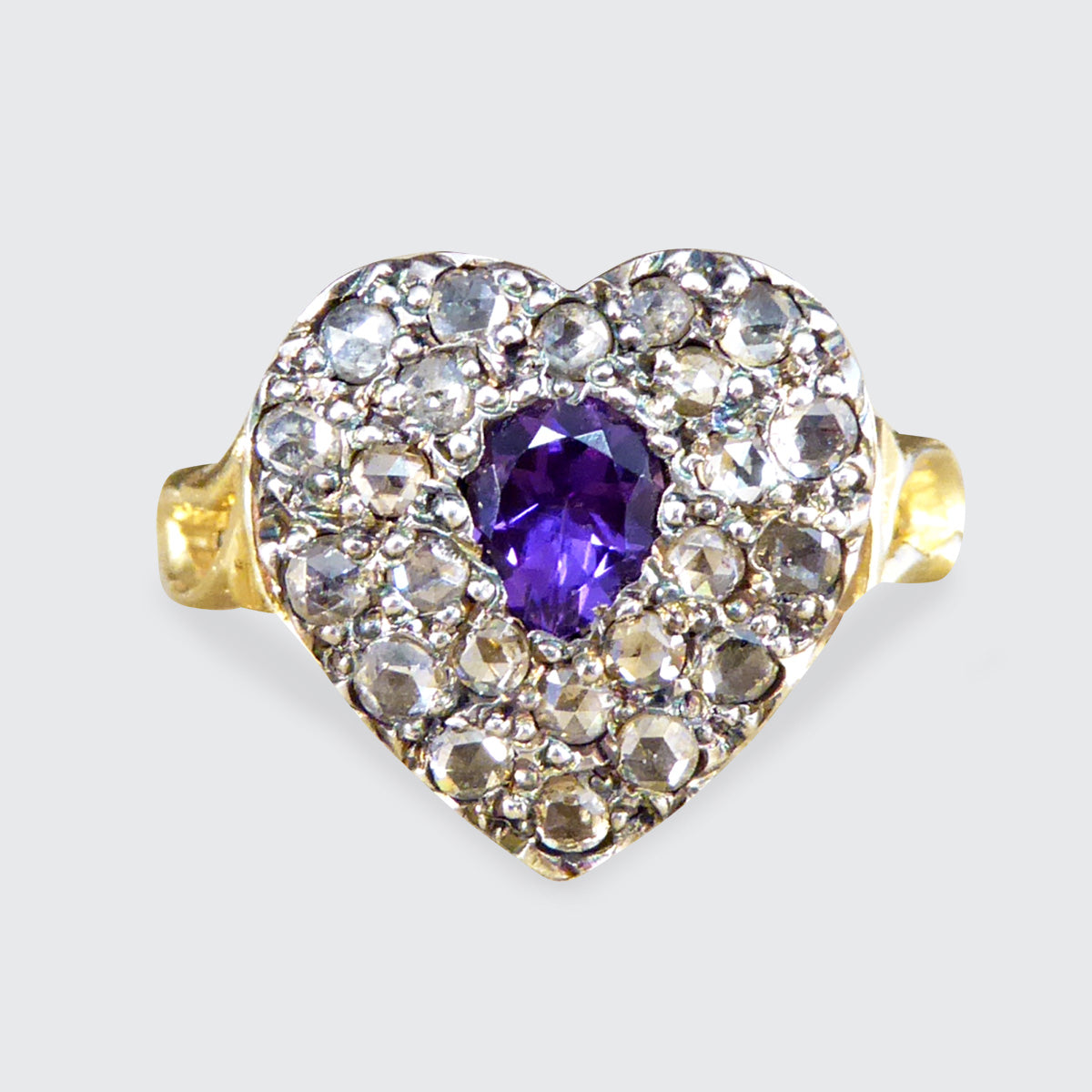 Early Victorian Style Amethyst and Rose Cut Diamond Heart Ring in 18ct Gold - Wharfedale Antiques