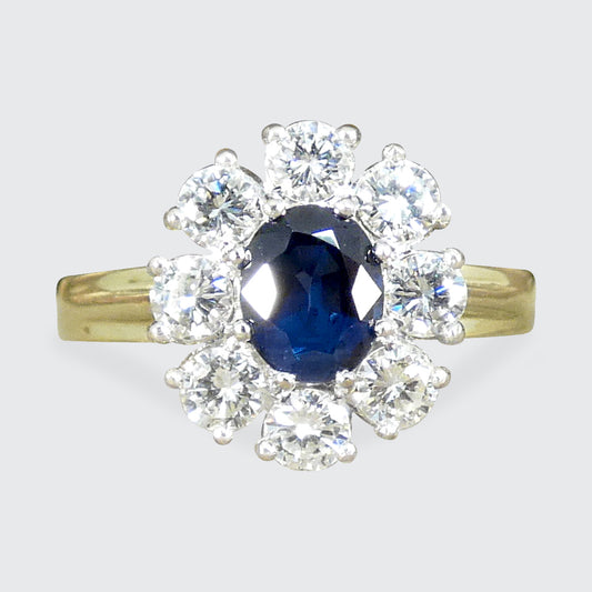 Sapphire and Diamond Oval Cluster Ring in 18ct Yellow and White Gold - Wharfedale Antiques