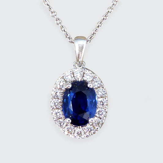 Sapphire and Diamond Cluster Pendant Necklace in 18ct White Gold - Wharfedale Antiques