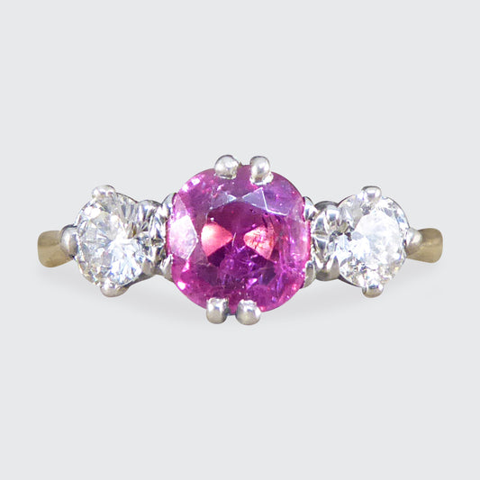 Early 20th Century Ruby and Diamond Three Stone Ring in 18ct Yellow Gold and Platinum