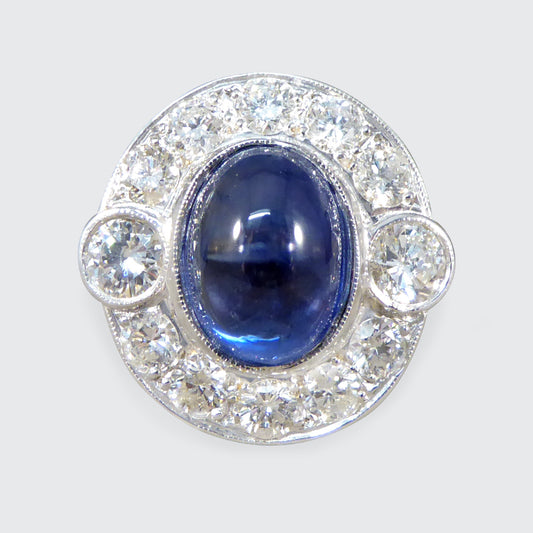 Cabochon Cut Sapphire and Diamond Cluster Ring in 18ct Gold
