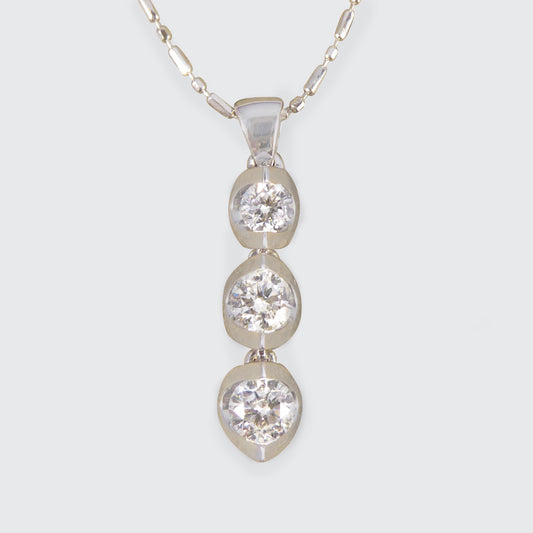 Diamond Graduating Three Stone Drop Pendant Necklace in 18ct White Gold