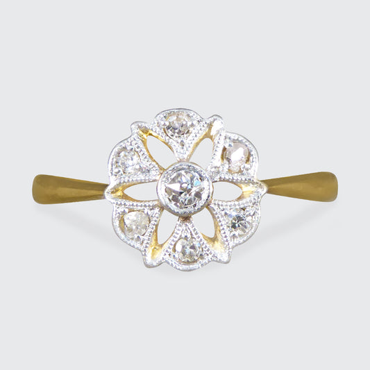 Edwardian Diamond Set Floral Ring in 18ct Yellow Gold and Platinum - Wharfedale Antiques