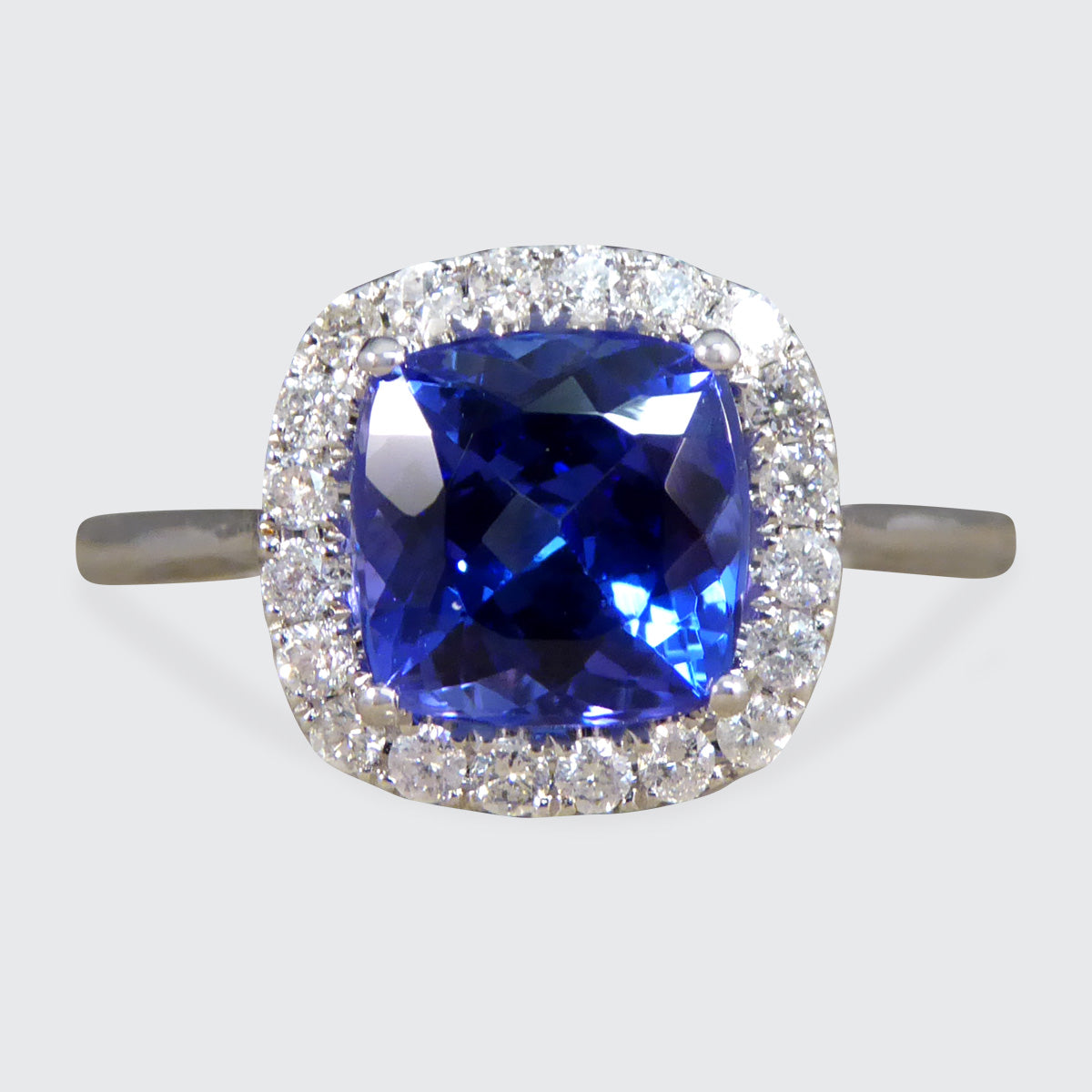 Cushion Cut Tanzanite and Diamond Cluster Ring in White Gold - Wharfedale Antiques