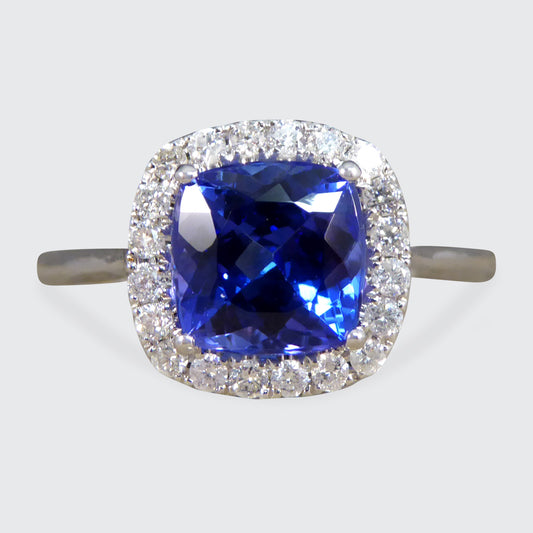 Cushion Cut Tanzanite and Diamond Cluster Ring in White Gold - Wharfedale Antiques