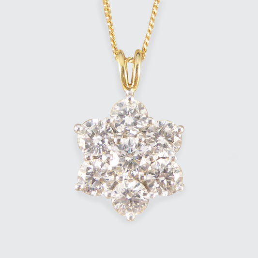 2.30ct Diamond Daisy Cluster Pendant Necklace in 18ct White and Yellow Gold - Wharfedale Antiques