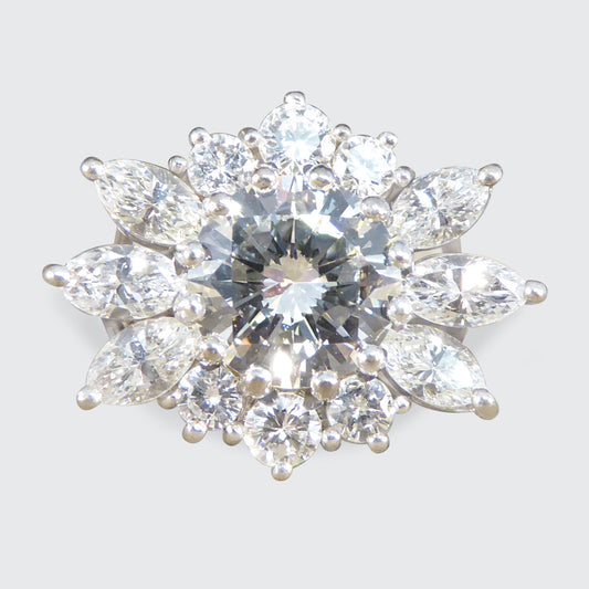 3.28ct Diamond Flower Burst Cluster Ring in 18ct White Gold - Wharfedale Antiques
