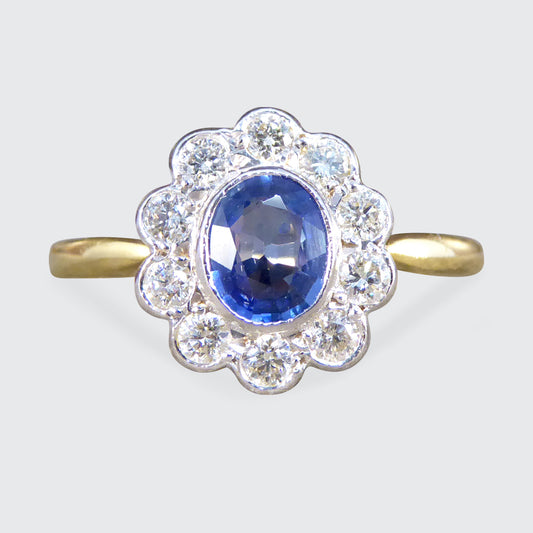 Vintage Sapphire and Diamond Cluster Ring in 18ct Yellow and White Gold