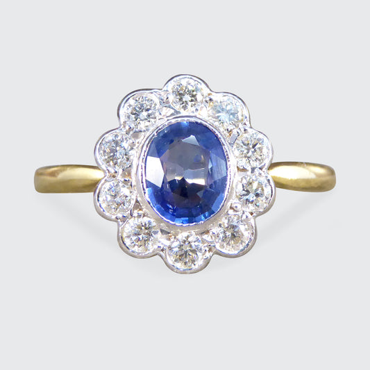 Vintage Sapphire and Diamond Cluster Ring in 18ct Yellow and White Gold - Wharfedale Antiques