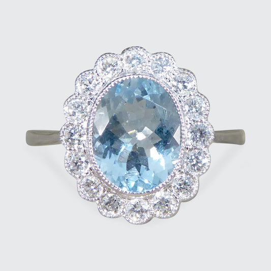 Vintage style 1.69ct Aquamarine and Diamond Cluster Ring in 18ct White Gold