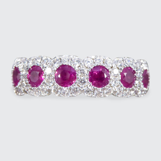 Ruby and Diamond Sextuple Cluster Ring in 18ct Yellow and White Gold - Wharfedale Antiques