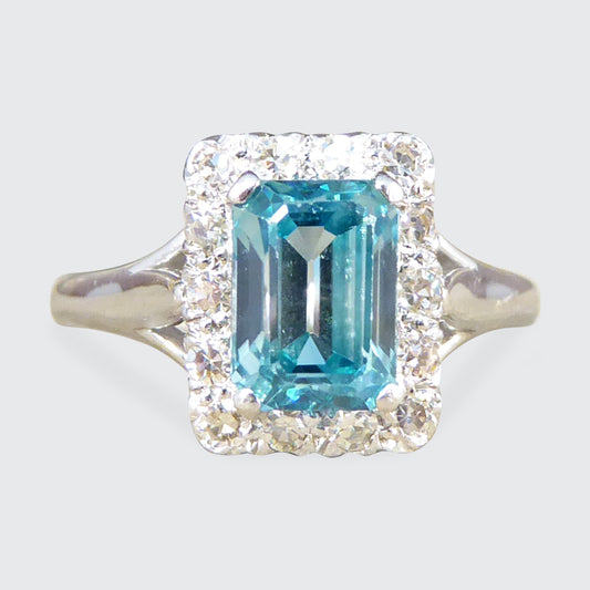 Blue Zircon and Diamond Cluster ring in 18ct White Gold and Platinum