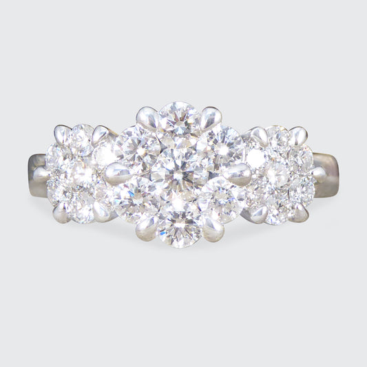 Diamond Triple Daisy Cluster Illusion Three Stone Ring in Platinum - Wharfedale Antiques