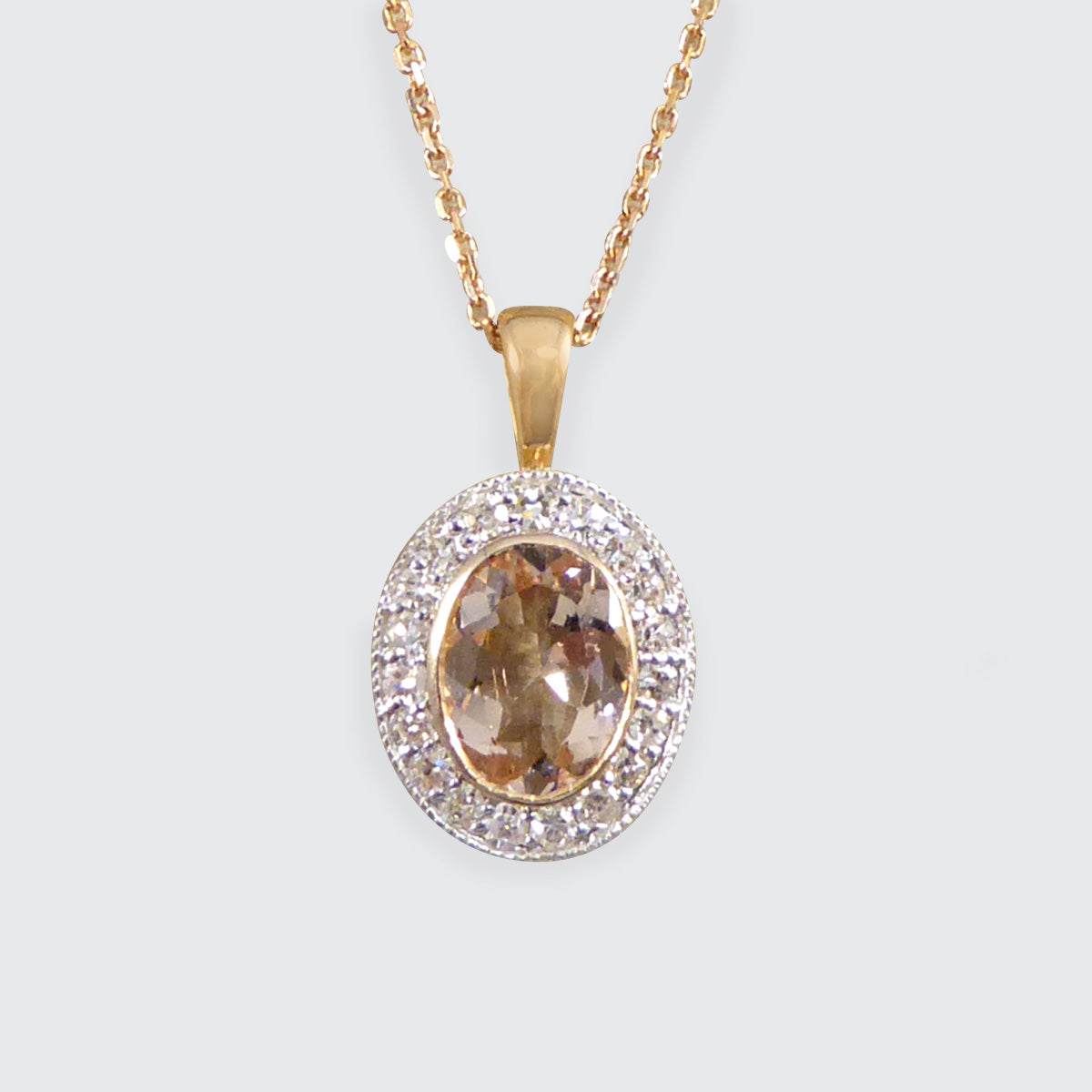 Morganite and Diamond Halo Cluster Pendant Necklace in White and Rose Gold - Wharfedale Antiques