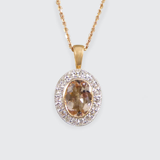 Morganite and Diamond Halo Cluster Pendant Necklace in White and Rose Gold - Wharfedale Antiques