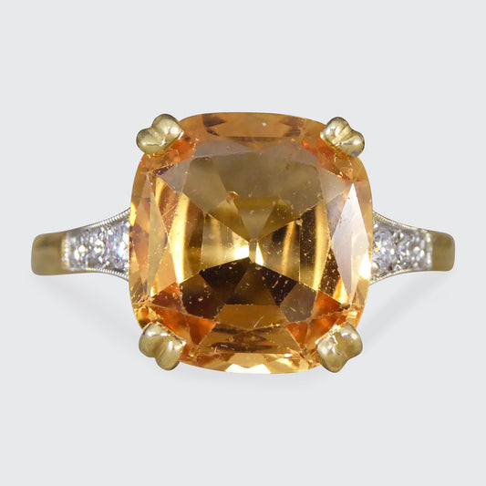 5.12ct Imperial Topaz Ring with Diamond Set Tapered Shoulders in 18ct Yellow Gold - Wharfedale Antiques