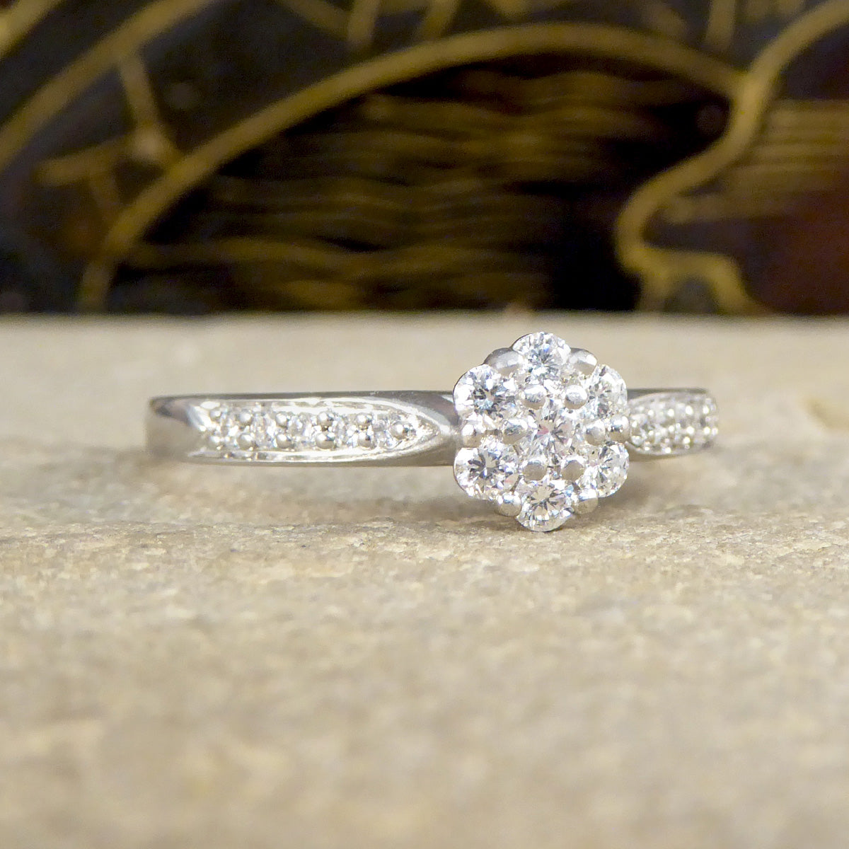 Daisy Diamond Cluster Ring with Diamond Shoulders in Platinum - Wharfedale Antiques