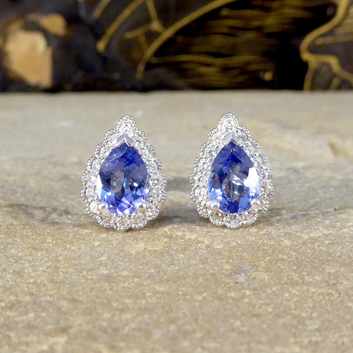 Pear Cut Tanzanite and Diamond Cluster Earrings in White Gold - Wharfedale Antiques