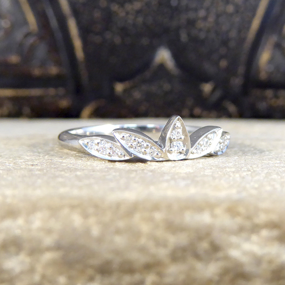 Diamond Set Decorative Crown Band Ring in Platinum - Wharfedale Antiques
