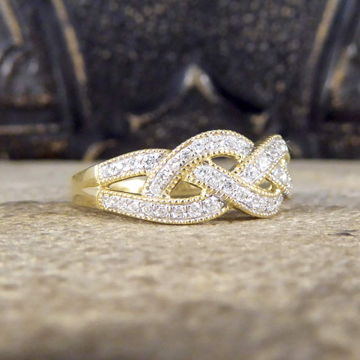 Diamond Set Milgrain Plait Half Eternity Ring in Yellow Gold - Wharfedale Antiques