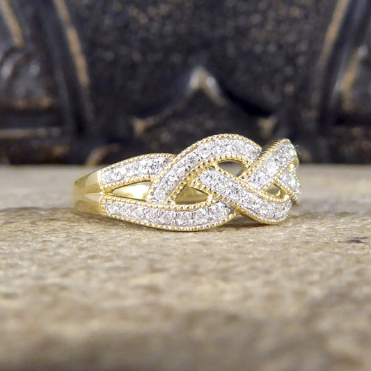 Diamond Set Milgrain Plait Half Eternity Ring in Yellow Gold - Wharfedale Antiques